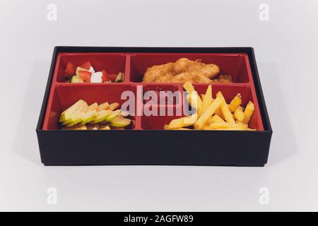Child food. Funny food. Plate with cutlets and mashed potatoes in the form of a monkey faces. Children's menu Stock Photo