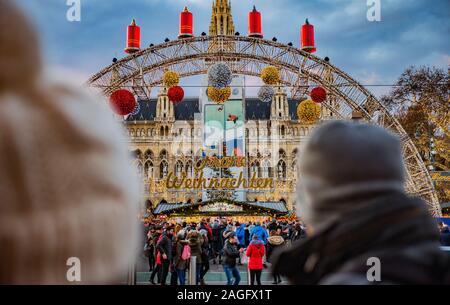 WIEN, AUSTRIA - DECEMBER 14., 2019: Christmas decorated town of Wien during advent and holidays in December. Stock Photo