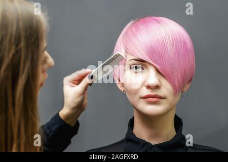 Hairdresser is combing short pink hairstyle of young woman on gray background. Stock Photo