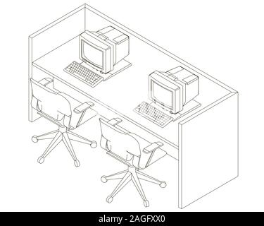 Contour office desk with old computers and armchairs. View isometric. Vector illustration. Stock Vector