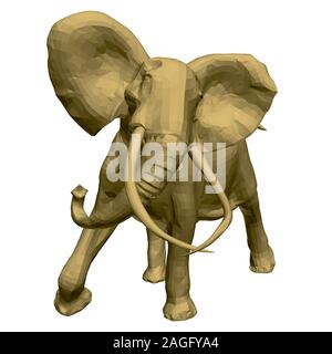 Polygonal golden elephant model. An elephant isolated on a white background walks waving tusks and a trunk. 3D. Vector illustration. Stock Vector
