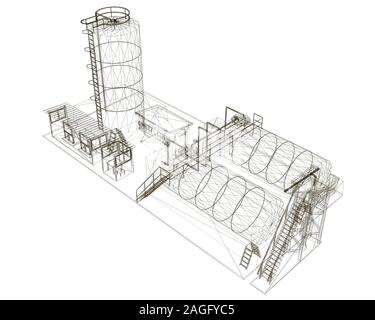 Wireframe of an industrial building with tanks. View isometric. Vector illustration. Stock Vector