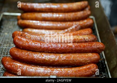 Closeup of fried traditional hungarian luncheon meat foodish name is kolbasz sauseges Stock Photo