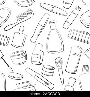 Seamless Pattern Cosmetic Accessories, Toiletry, Perfume, Lipstick, Shampoo and Others Black Contours Isolated on White Background. Vector. Stock Vector