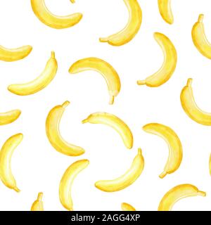 Watercolor seamless pattern with hand yellow bananas on white background. Kids background illustration. Hand drawn. Stock Photo