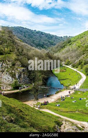 Aerial views of the stunning Dovedale stepping stones and mountains in the glorious Peak District national park, the meandering river Dove Stock Photo