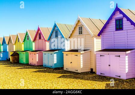The famous Mersea Island Beach Huts in west Mersey, beautiful sand filled beaches on a summers day