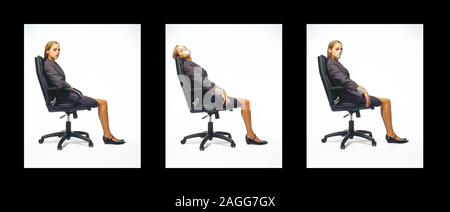 Triptych studio image of a young woman seated in an office chair, some with tape over her mouth and arms. Stock Photo