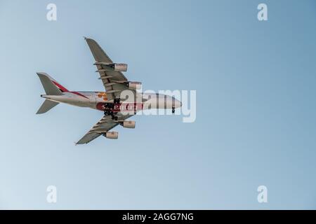 Nice, France - 13th December 2019. An Emirates Airbus A380-861 is coming into land at Nice Airport in France Stock Photo