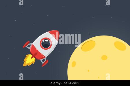 a red rocket is flying near the yellow moon. Vector Illustration Stock Vector