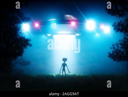 The ufo hovering over the alien visitor. 3D rendering. Stock Photo