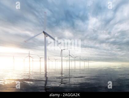 Offshore wind power plants with sunset stormy sky in background. 3d rendering. Stock Photo