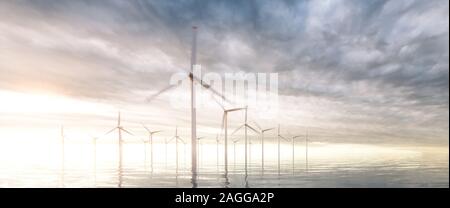 Ultra wide image of coastal wind park with sunset stormy sky in background. 3d rendering. Stock Photo