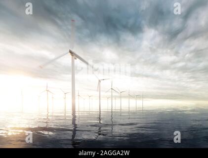 Offshore wind turbines with sunset stormy sky in background. 3d rendering. Stock Photo
