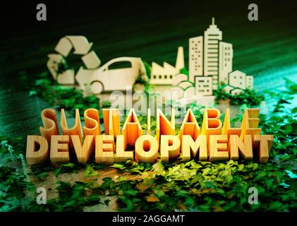 Sustainable development concept on green background with ecology symbols in background. 3D rendering. Stock Photo