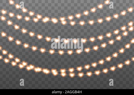 Glowing garland with heart light bulbs isolated on transparent background. Valentine's Day event decoration. Stock Vector