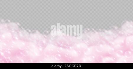 Realistic pink bath foam with bubbles isolated on transparent background. Stock Vector