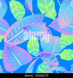 Seamless pattern with neon gradient tropical leaves. Vector illustration Stock Vector