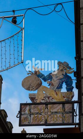 Cafe de la Bourse sign with blue sky at St Malo, Saint Malo, Brittany, France in December Stock Photo