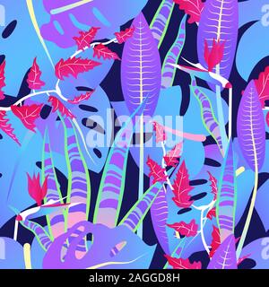 Seamless pattern with neon gradient tropical leaves. Vector illustration Stock Vector
