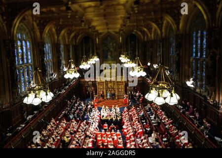 General view of the State Opening of Parliament, in the House of Lords at the Palace of Westminster in London with Queen Elizabeth II, and Prince Charles in attendance. Stock Photo