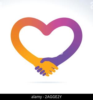 Handshake illustration shape a gradient heart. Yellow and purple color. Isolated Vector Illustration Stock Vector