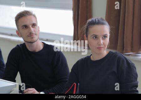 Two young students in technical vocational training, the lesson in technical college. Education and technology concept. Stock Photo