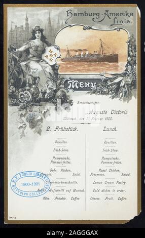 MENU IN GERMAN AND ENGLISH; ILLUSTRATION OF SHIP, FRUIT, AND CLASSICAL FIGURE OF WOMAN;; LUNCH [held by] HAMBURG-AMERIKA LINIE [at] EN ROUTE ABOARD EXPRESS STEAMER AUGUSTE VICTORIA (SS;) Stock Photo
