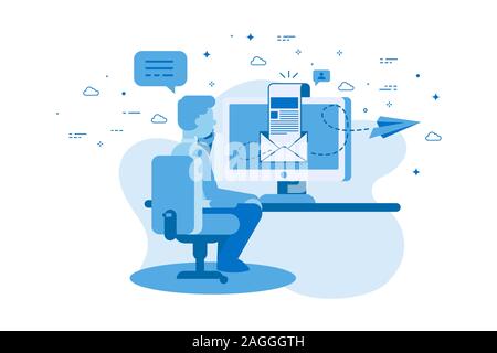 Overbooked call center agent in front of his office desk as well as in phone call. Stock Vector