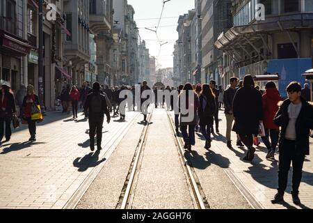 ISTANBUL, TURKEY - DECEMBER 28, 2018: Peoples walking in Taksim Istiklal Street. Taksim Istiklal Street is a popular destination in Istanbul. Beyoglu, Stock Photo