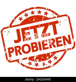 EPS 10 vector with round red colored stamp with banner and text try now (in german) Stock Vector