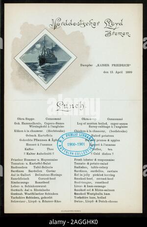 MENU IN GERMAN AND ENGLISH; ILLUSTRATION OF STEAMSHIP; BACK OF MENU PRINTED FOR USE AS A POSTCARD 1899-0344; LUNCH [held by] NORDDEUTCHER LLOYD BREMEN [at] KAISER FRIEDRICH AT SEA (SS; FOR;) Stock Photo