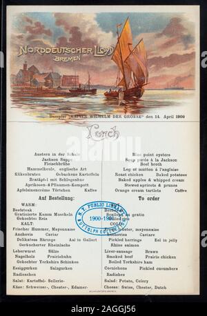 MENU IN GERMAN AND ENGLISH; ILLUSTRATION OF SAILING SHIP; SUITABLE FOR MAILING 1900-2782B; LUNCH [held by] NORDDEUTSCHER LLOYD BREMEN [at] EN ROUTE ABOARD KAISER WILHELM DER GROSSE (SS;) Stock Photo