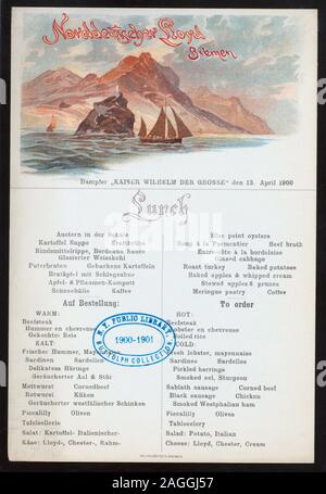 MENU IN GERMAN AND ENGLISH; ILLUSTRATION OF SAILING SHIP AND CLIFFS; SUITABLE FOR MAILING 1900-2772; LUNCH [held by] NORDDEUTSCHER LLOYD BREMEN [at] EN ROUTE ABOARD KAISER WILHELM DER GROSSE (SS;) Stock Photo