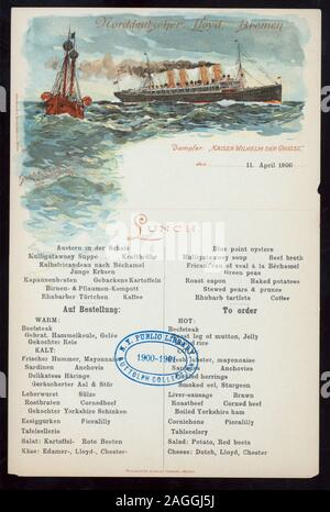 MENU IN GERMAN AND ENGLISH; ILLUSTRATION OF STEAMSHIP AND TANKER; SUITABLE FOR MAILING 1900-2759; LUNCH [held by] NORDDEUTSCHER LLOYD BREMEN [at] EN ROUTE ABOARD KAISER WILHELM DER GROSSE (SS;) Stock Photo