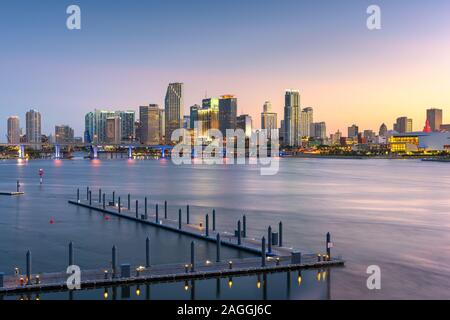 Miami, Florida, USA skyline on Bisayne Bay at dusk.