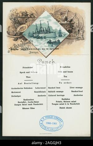 Fruits Wines And Utensils Ships In Harbor Insert Menus Separate In German And English May Be Used As Postcard Citation Reference 1901 0911 Lunch Held By Norddeutscher Lloyd Bremen At Ss Barbarossa Ss Stock Photo Alamy