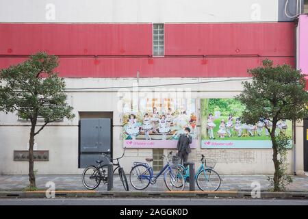 Tokyo, Japan. 18th Dec, 2019. A man stands in front of the Maid Cafe posters a side the street in Akihabara, Tokyo.Akihabara, also called Akiba after a former local shrine, is a district in central Tokyo that is famous for its many electronics shops. In more recent years, Akihabara has gained recognition as the center of Japan's otaku (diehard fan) culture, and many shops and establishments devoted to anime and manga are now dispersed among the electronic stores in the district. Credit: Stanislav Kogiku/SOPA Images/ZUMA Wire/Alamy Live News Stock Photo