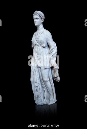Statue of Artemis, found at the 'House of Diadoumenos' on Delos. Pariam marble, Circa 100 BC. Athens Archaeological Museum, Cat No 1829. against black Stock Photo