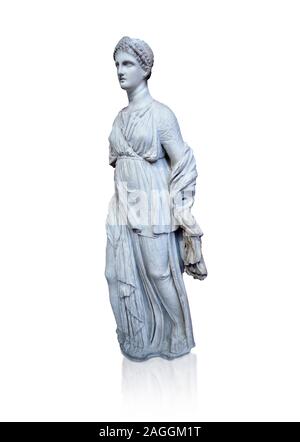 Statue of Artemis, found at the 'House of Diadoumenos' on Delos. Pariam marble, Circa 100 BC. Athens Archaeological Museum, Cat No 1829. Against white Stock Photo