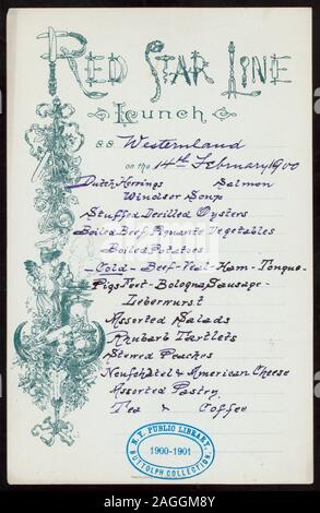 LETTERS OF NAME IN CUTLERY AND COOKING ITEMS;ANGEL WITH APRON AND COOKS HAT STIRRING POT;GARLAND OF FOOD AND COOKING ITEMS;HANDWRITTEN MENU DUPLICATED MECHANICALLY 1900-1077; LUNCH [held by] RED STAR LINE [at] SS WESTERNLAND (SS;) Stock Photo