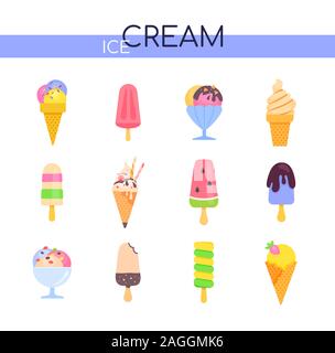 Types of ice cream - set of vector flat design style elements Stock Vector