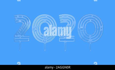 Happiness for the New Year 2020 lettering made by glass. Isolated on blue background 3d illustration. Stock Photo