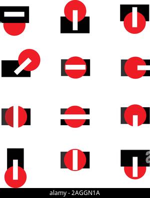 Bauhaus Style Small Geometric Logos in Red Black and White Circle Stock Vector