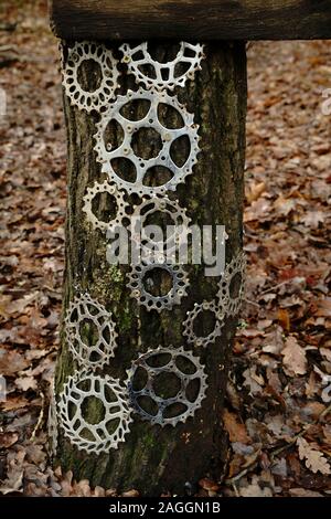 Bicycle gear cogs fixed to a wooden post as an artistic concept. Stock Photo