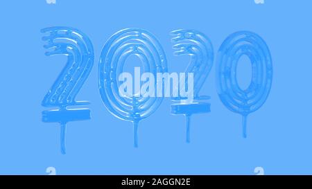 Happiness for the New Year 2020 lettering made by glass. Isolated on blue background 3d illustration. Stock Photo