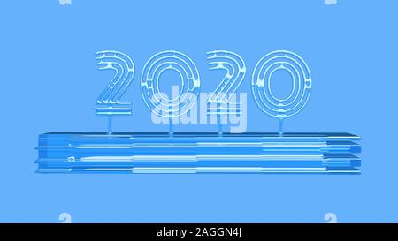 Happiness for the New Year 2020 lettering made by glass. Isolated on blue background 3d illustration. Stock Photo