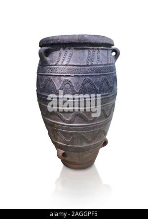 Large Pithos storage jar decorated with wavy lbands and linaear A inscription, Knossos Palace, Crete.  National Archaeological Museum Athens. 17th-16t Stock Photo