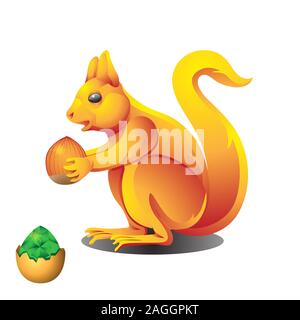 An animal squirrel holds a nut in its paws on a white isolated background. Vector image Stock Vector