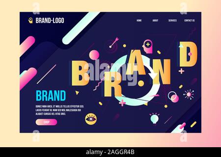 Modern, dynamic and colorful branding concept agency website home page illustration with a lot of  digital icon. Stock Vector